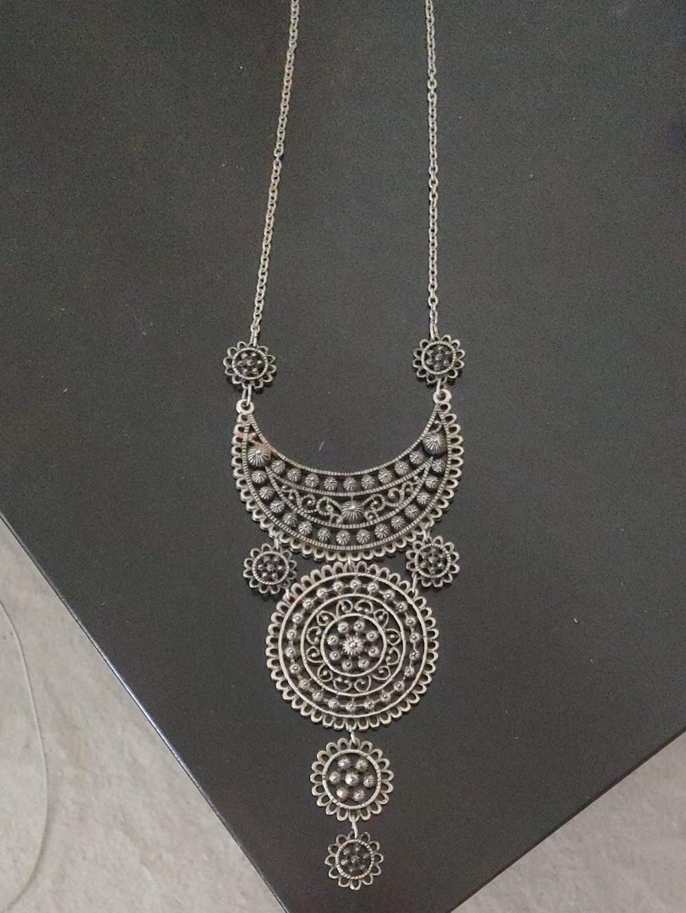 Vintage-Style Silver Statement Necklace - Intricate Floral Medallions